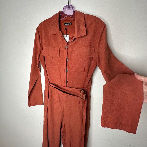 NWT Boohoo Rust Utility Cargo Belted Jumpsuit Tapered Leg Front Safari Pocket 7 - Picture 2 of 16